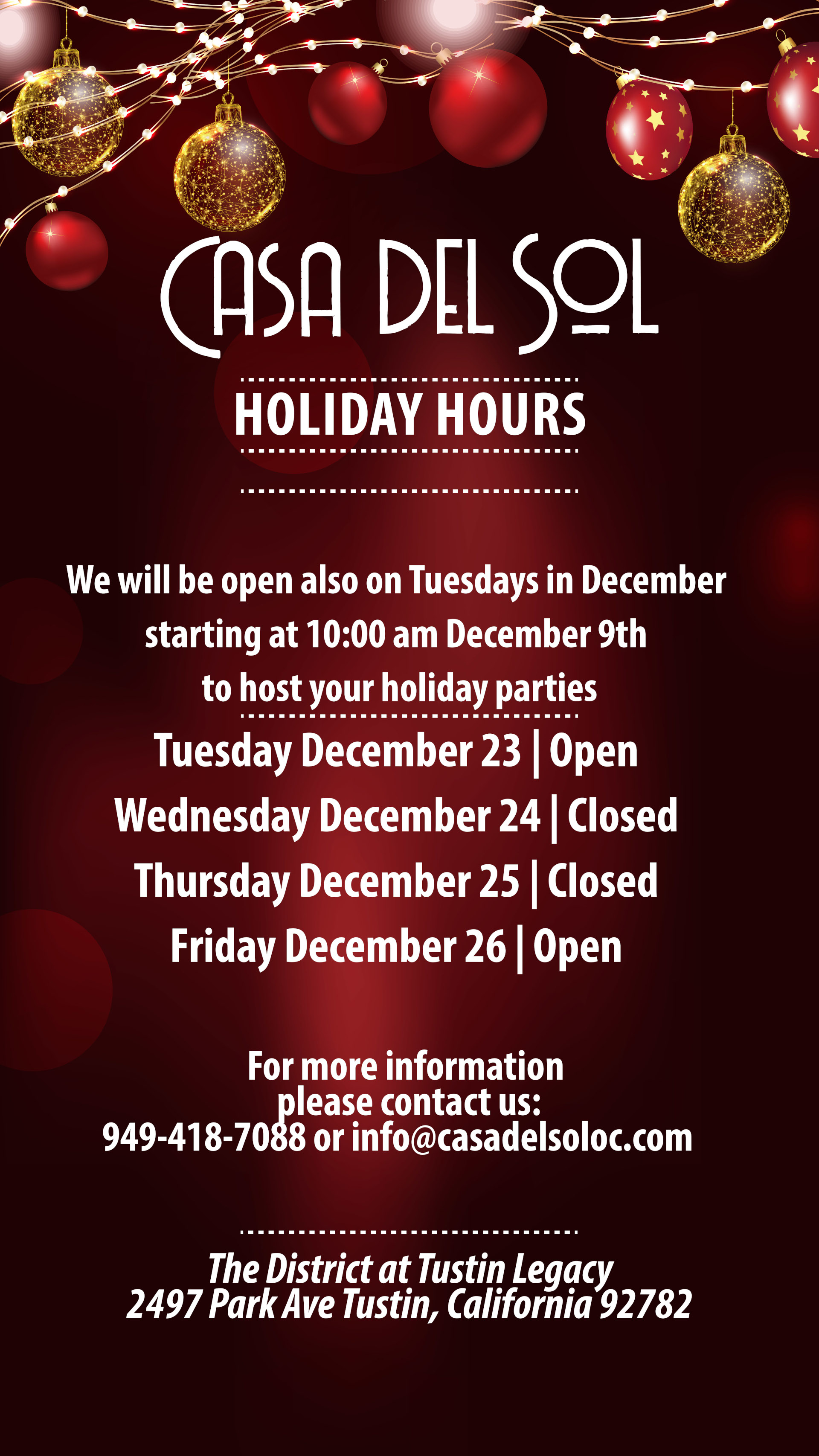 Casa Del Sol Holiday Hours
